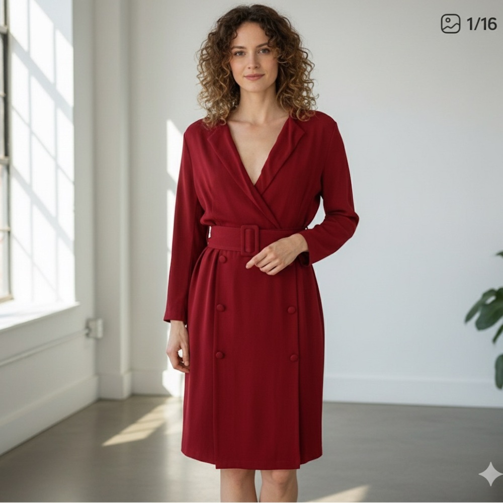 Massimo Dutti Sz 12 Red Belted Chic Long Sleeves Dress